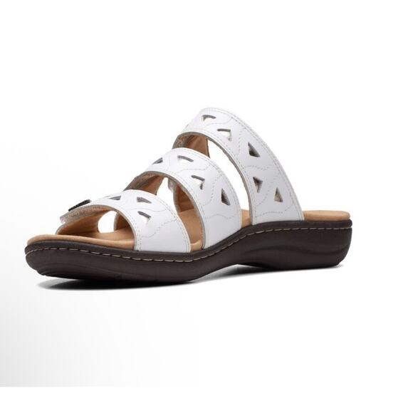 Clarks White Leather Comfort Slide Sandals Triple Strap Cushioned Footbed New - Picture 2 of 7